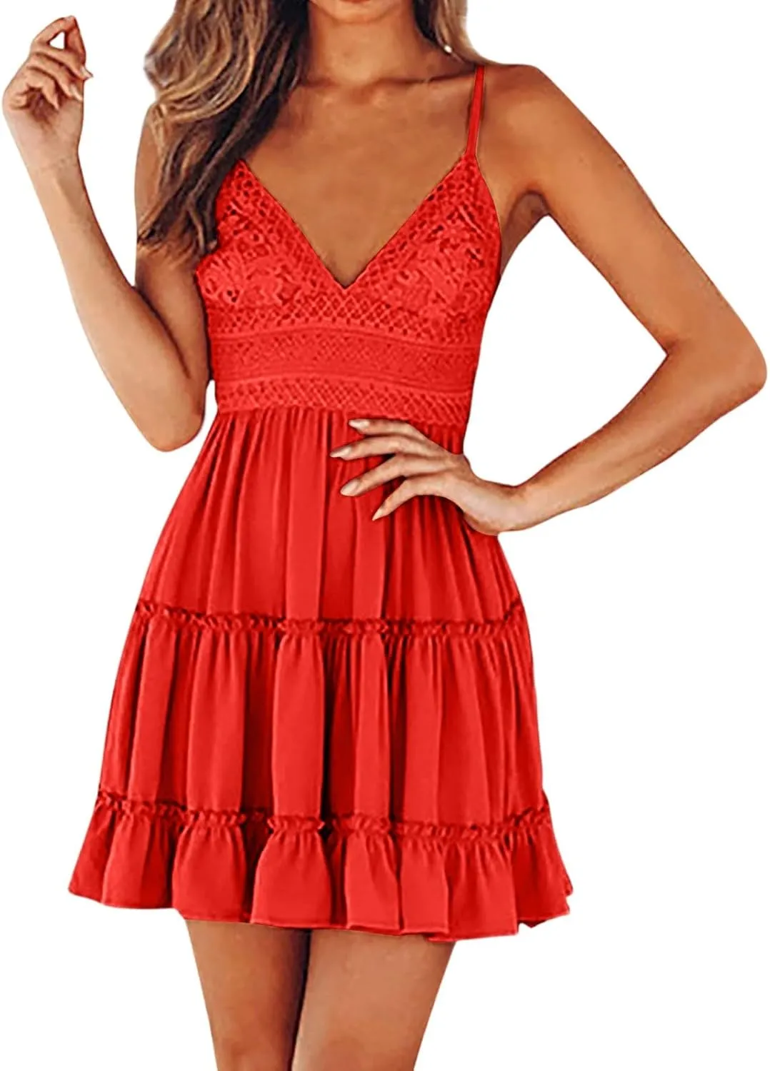 Women's Summer Dresses 2025 Mini Lace Floral V Neck Sleeveless Puffy Dress Elegant Flowy Tie Back Concert Milkmaid Dress