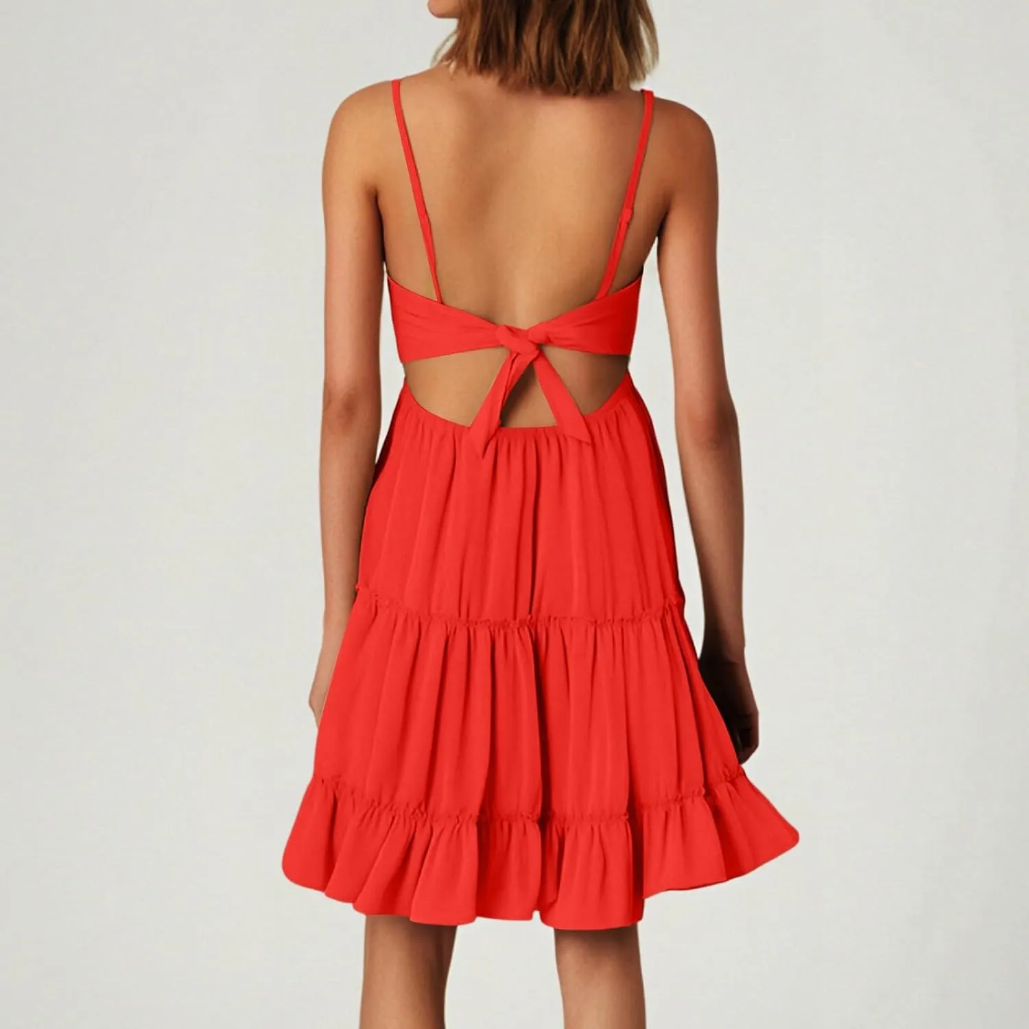 Women's Summer Dresses 2025 Mini Lace Floral V Neck Sleeveless Puffy Dress Elegant Flowy Tie Back Concert Milkmaid Dress