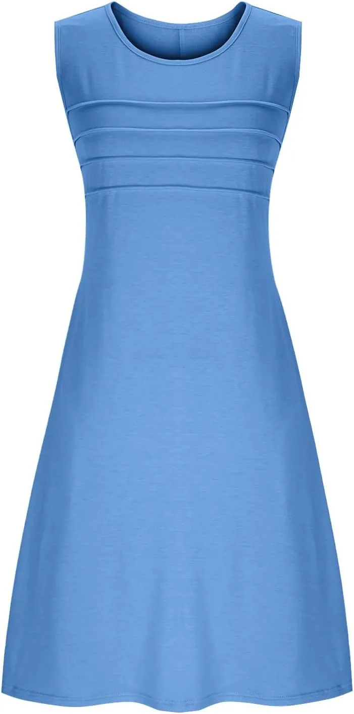 Womens Summer Dresses Casual Sleeveless Fashion Solid Color Dress Loose Fit Pleated Vacation Beach Sundress