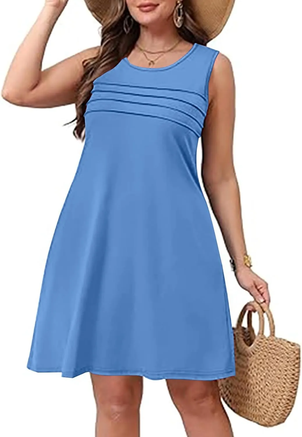 Womens Summer Dresses Casual Sleeveless Fashion Solid Color Dress Loose Fit Pleated Vacation Beach Sundress