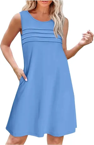 Womens Summer Dresses Casual Sleeveless Fashion Solid Color Dress Loose Fit Pleated Vacation Beach Sundress