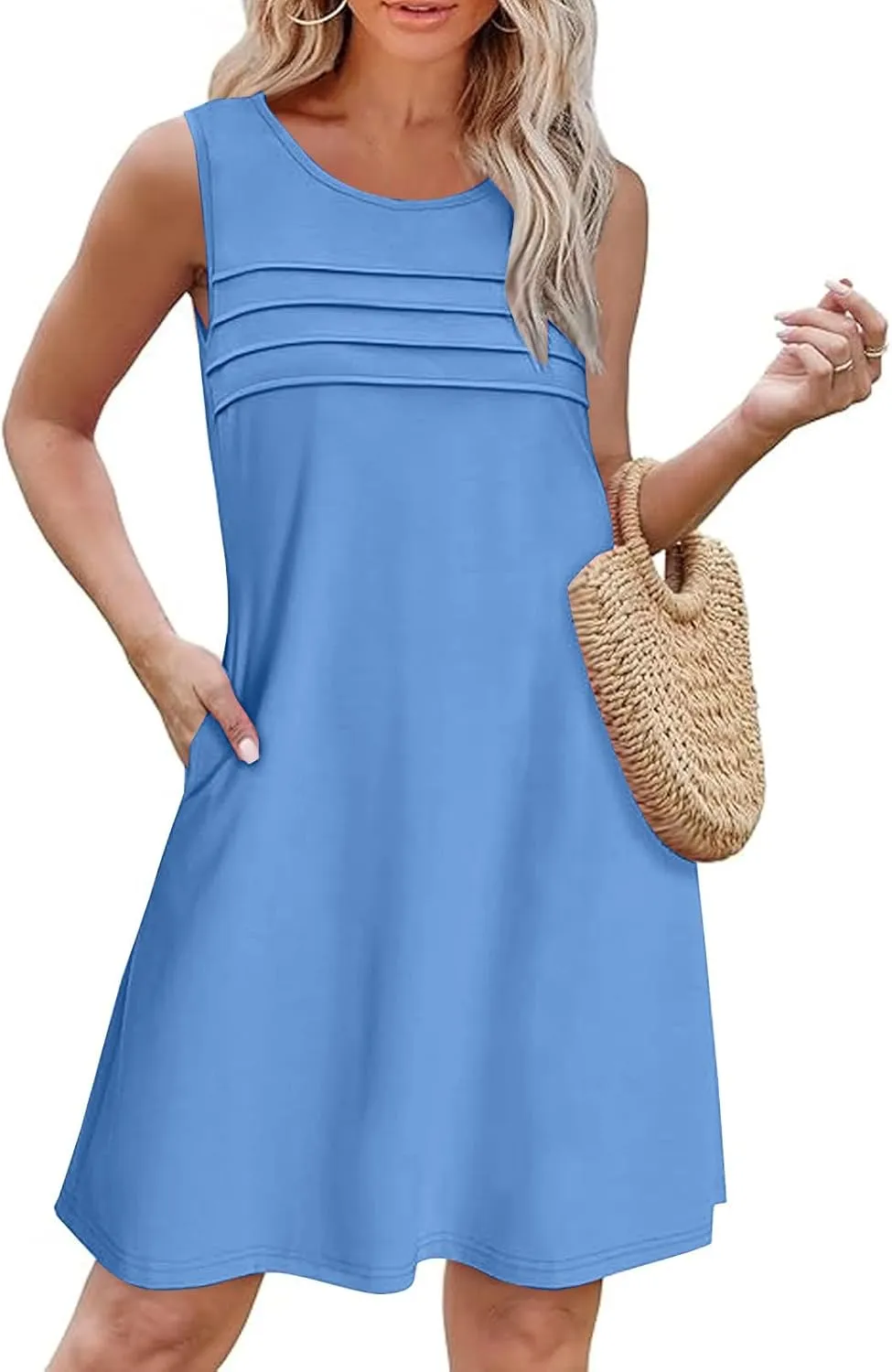 Womens Summer Dresses Casual Sleeveless Fashion Solid Color Dress Loose Fit Pleated Vacation Beach Sundress