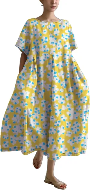 Womens Summer Floral Printed Dress Short Sleeve Boho Graphic Trendy Maxi Dresses Casual Midi Swing Beach Dress