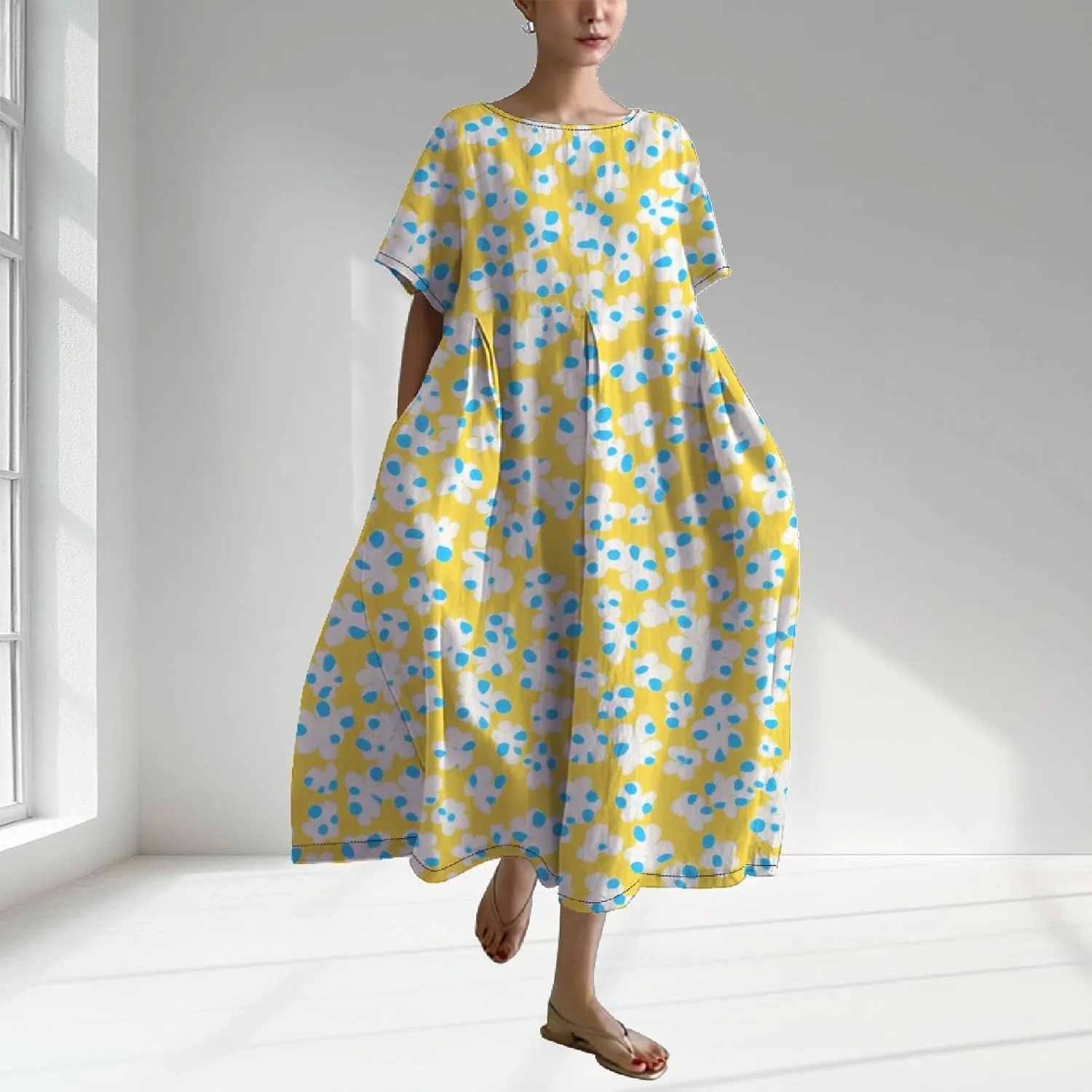 Womens Summer Floral Printed Dress Short Sleeve Boho Graphic Trendy Maxi Dresses Casual Midi Swing Beach Dress