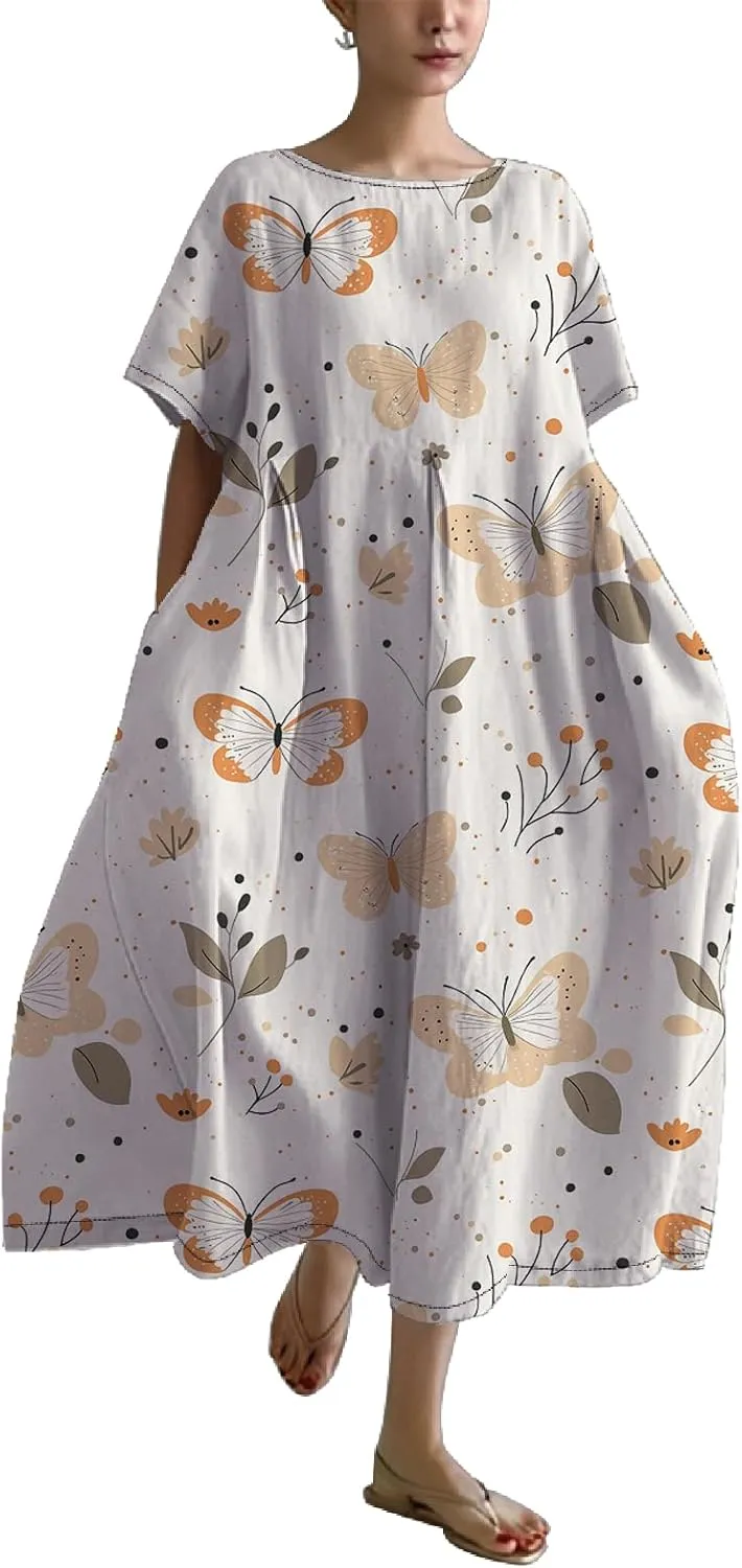 Womens Summer Floral Printed Dress Short Sleeve Boho Graphic Trendy Maxi Dresses Casual Midi Swing Beach Dress