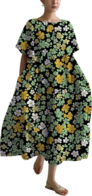 Womens Summer Floral Printed Dress Short Sleeve Boho Graphic Trendy Maxi Dresses Casual Midi Swing Beach Dress