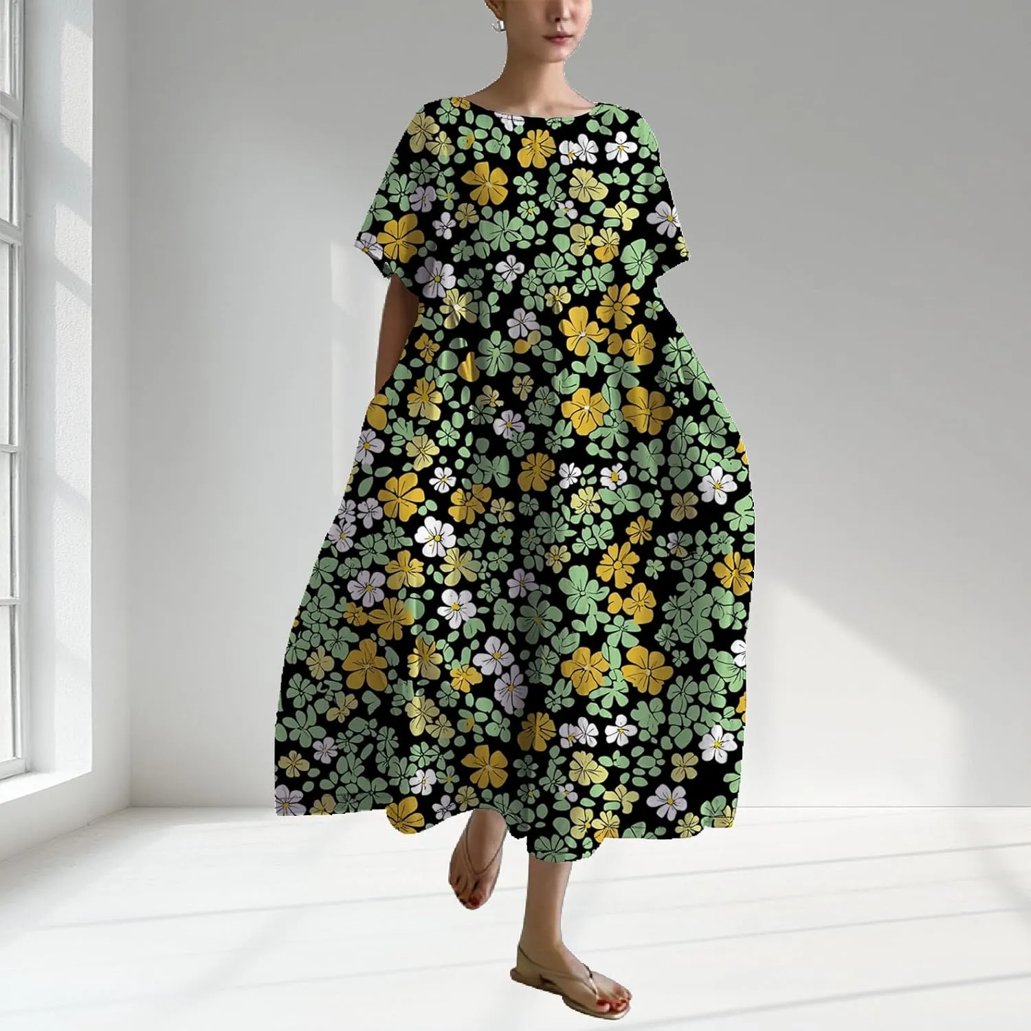 Womens Summer Floral Printed Dress Short Sleeve Boho Graphic Trendy Maxi Dresses Casual Midi Swing Beach Dress