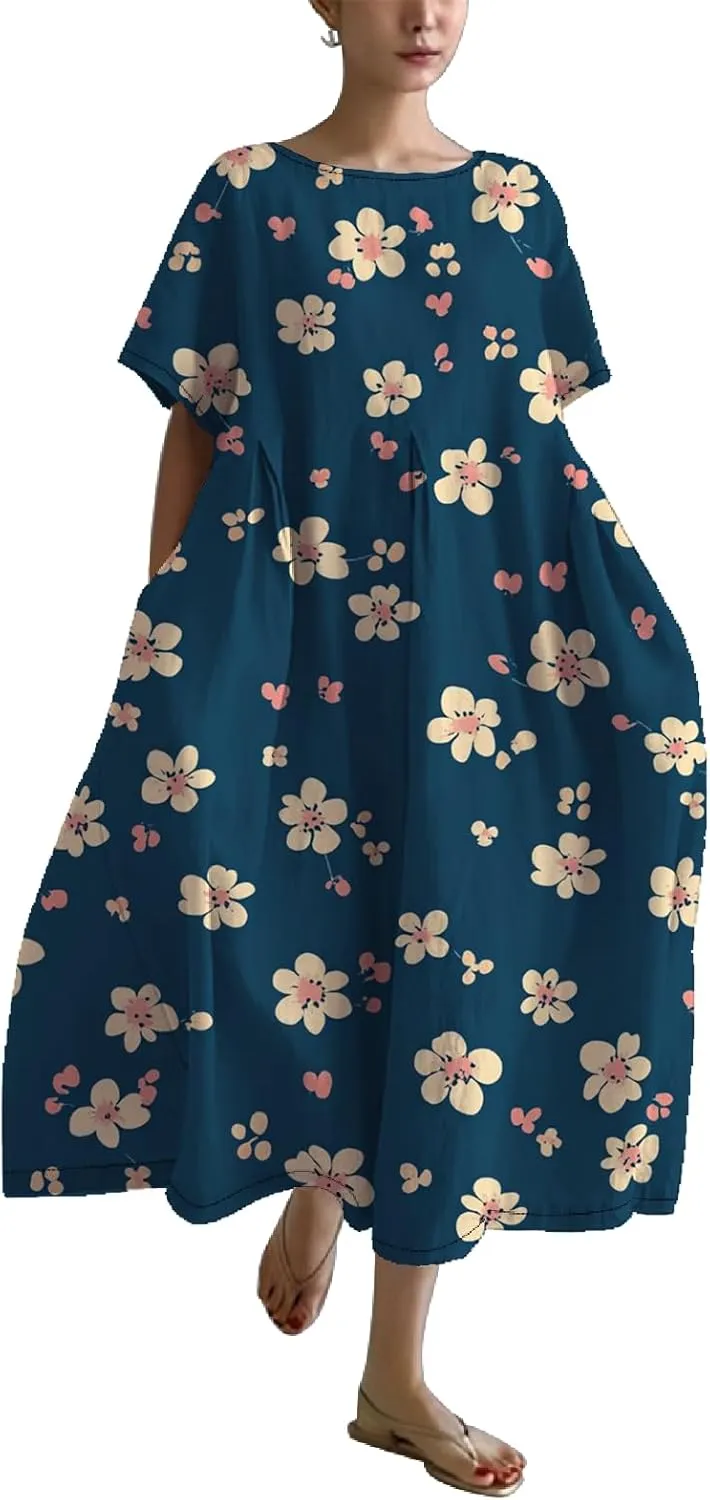 Womens Summer Floral Printed Dress Short Sleeve Boho Graphic Trendy Maxi Dresses Casual Midi Swing Beach Dress