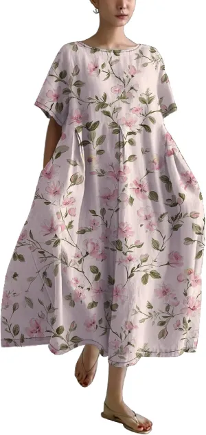 Womens Summer Floral Printed Dress Short Sleeve Boho Graphic Trendy Maxi Dresses Casual Midi Swing Beach Dress