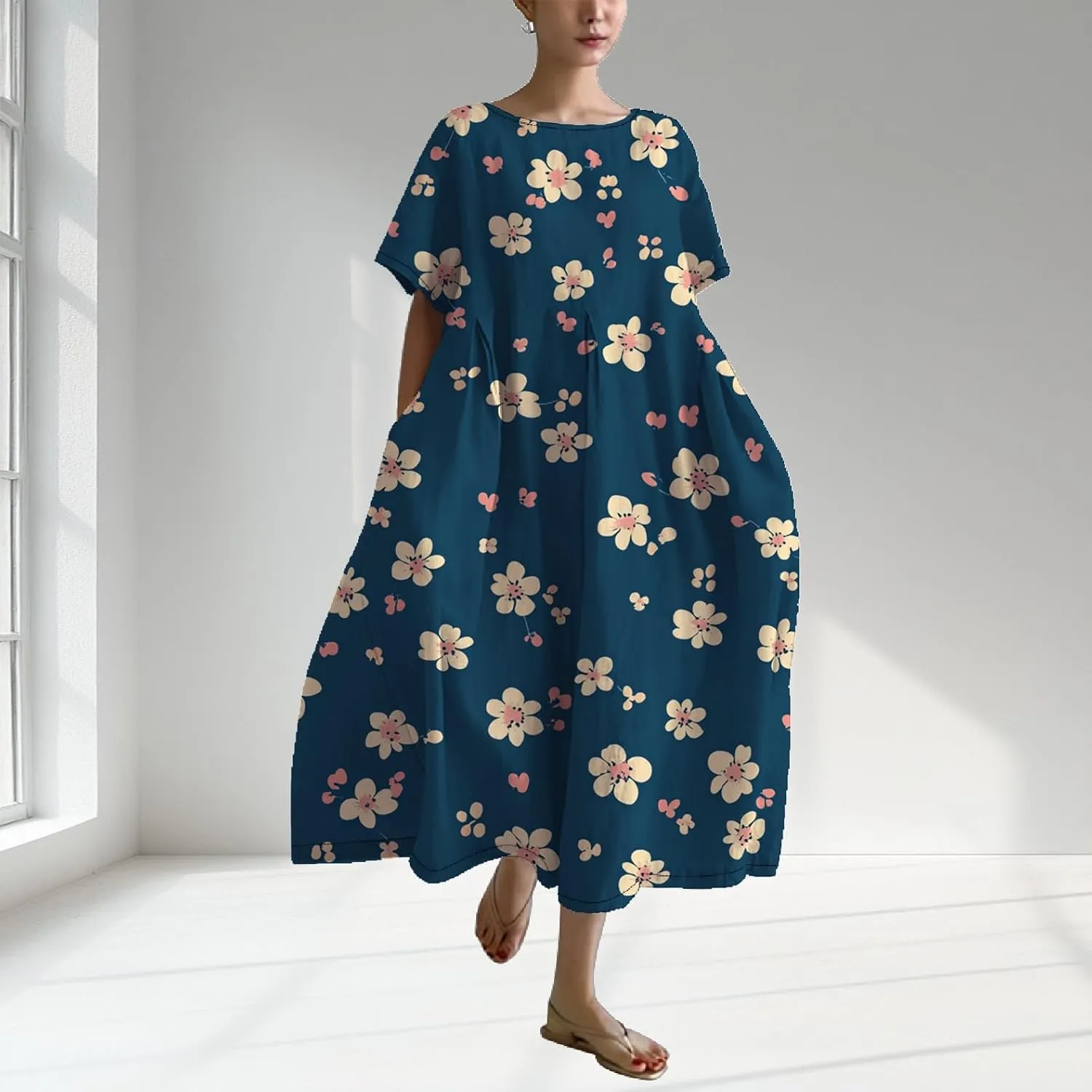 Womens Summer Floral Printed Dress Short Sleeve Boho Graphic Trendy Maxi Dresses Casual Midi Swing Beach Dress