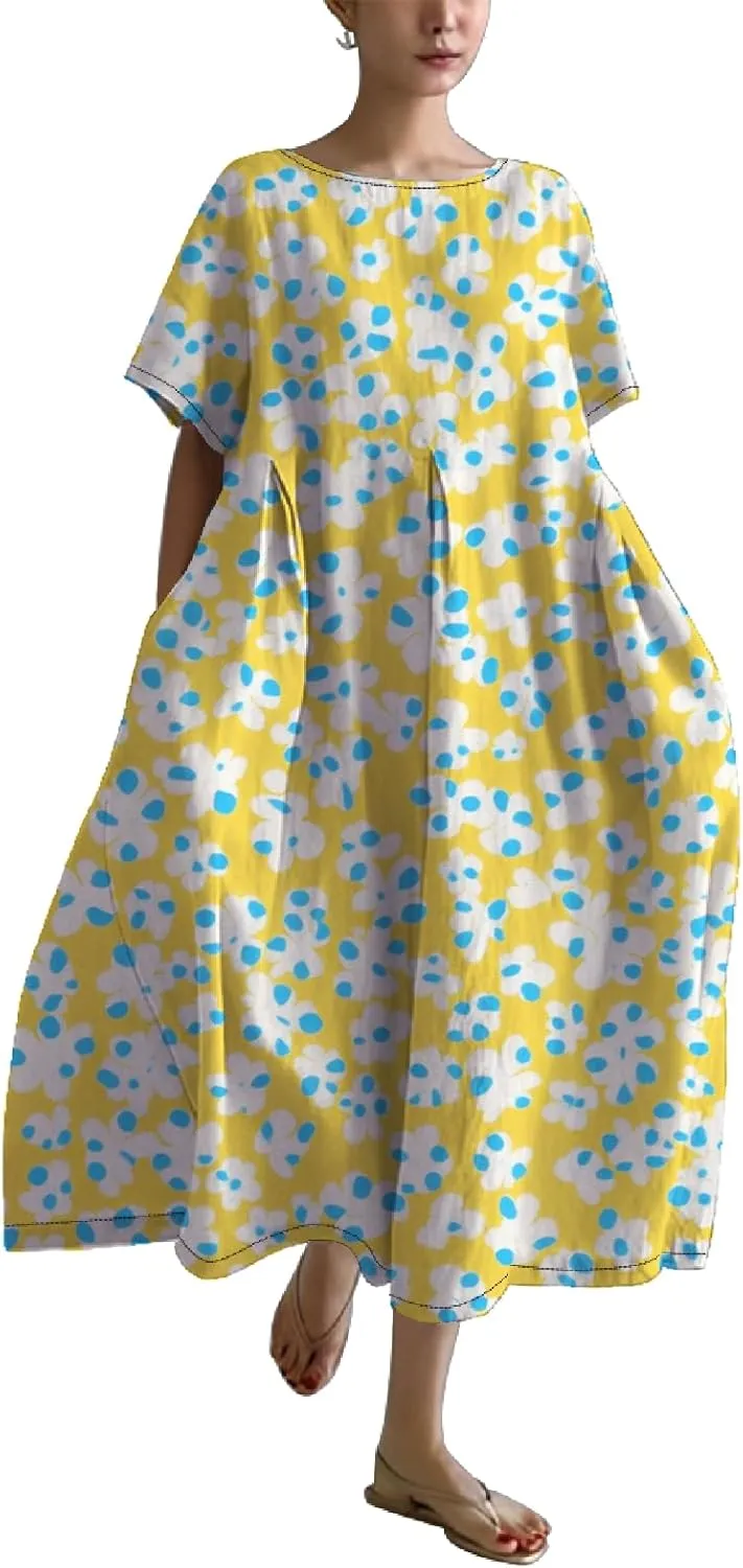 Womens Summer Floral Printed Dress Short Sleeve Boho Graphic Trendy Maxi Dresses Casual Midi Swing Beach Dress
