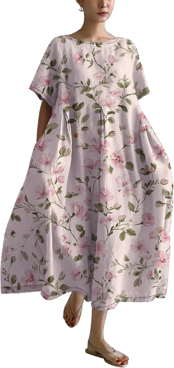 Womens Summer Floral Printed Dress Short Sleeve Boho Graphic Trendy Maxi Dresses Casual Midi Swing Beach Dress