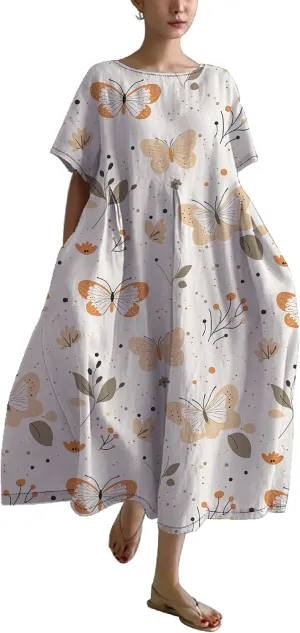 Womens Summer Floral Printed Dress Short Sleeve Boho Graphic Trendy Maxi Dresses Casual Midi Swing Beach Dress