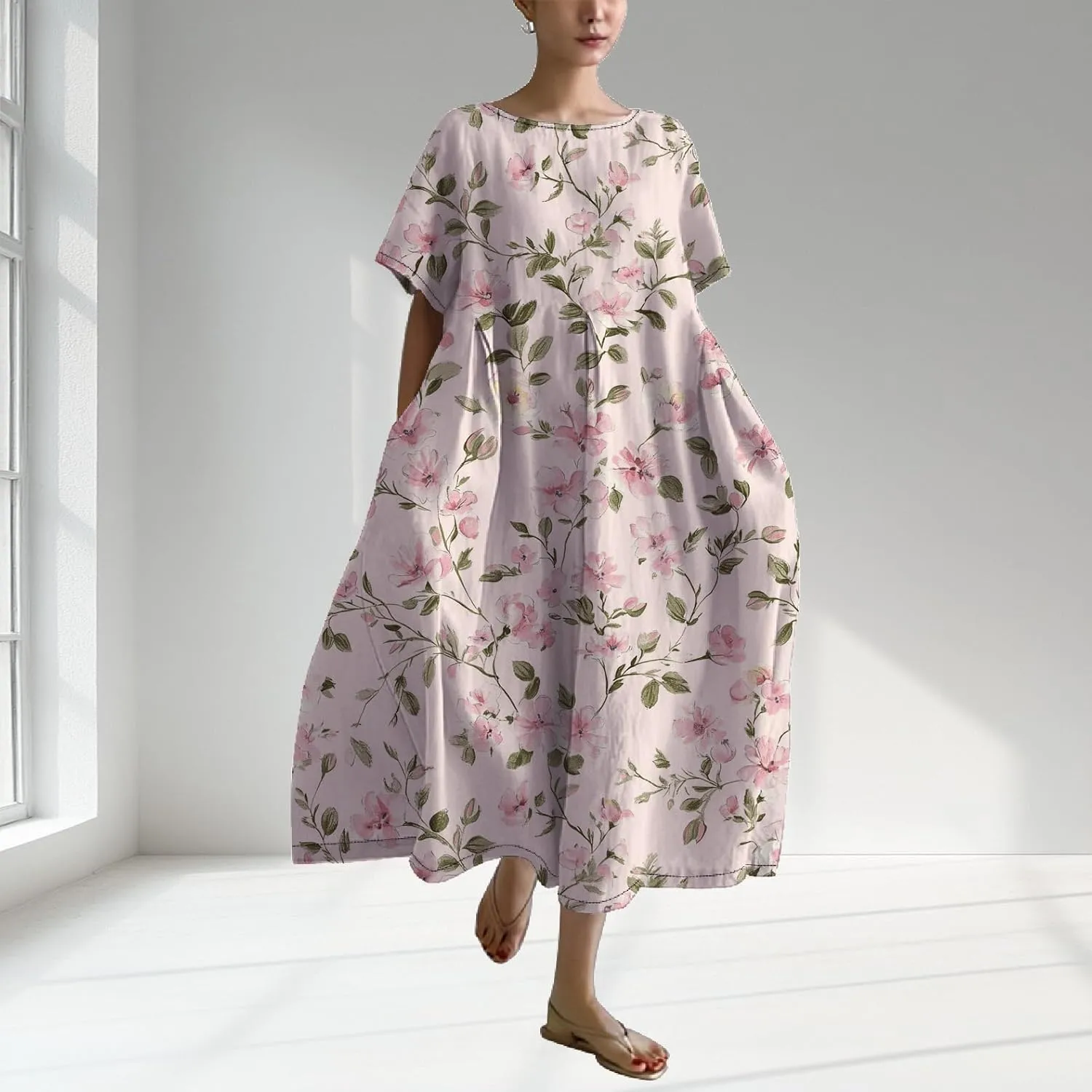 Womens Summer Floral Printed Dress Short Sleeve Boho Graphic Trendy Maxi Dresses Casual Midi Swing Beach Dress