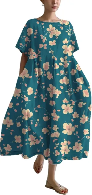 Womens Summer Floral Printed Dress Short Sleeve Boho Graphic Trendy Maxi Dresses Casual Midi Swing Beach Dress