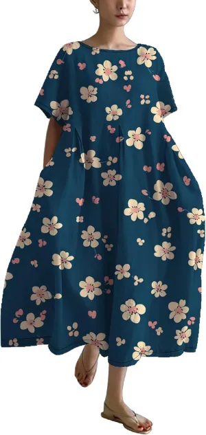 Womens Summer Floral Printed Dress Short Sleeve Boho Graphic Trendy Maxi Dresses Casual Midi Swing Beach Dress