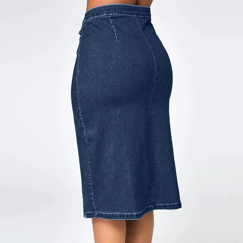 Womens Summer Pleated Tennis Skirt Women Fashion Denim Pencil Skirt High Waisted Knee Blue Denim Skirts Women