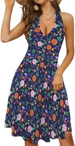 Women's Summer Sundress Deep V Neck Sleeveless Halter Neck 2025 Floral Elastic Waist Ruffle Mini Dresses with Pockets