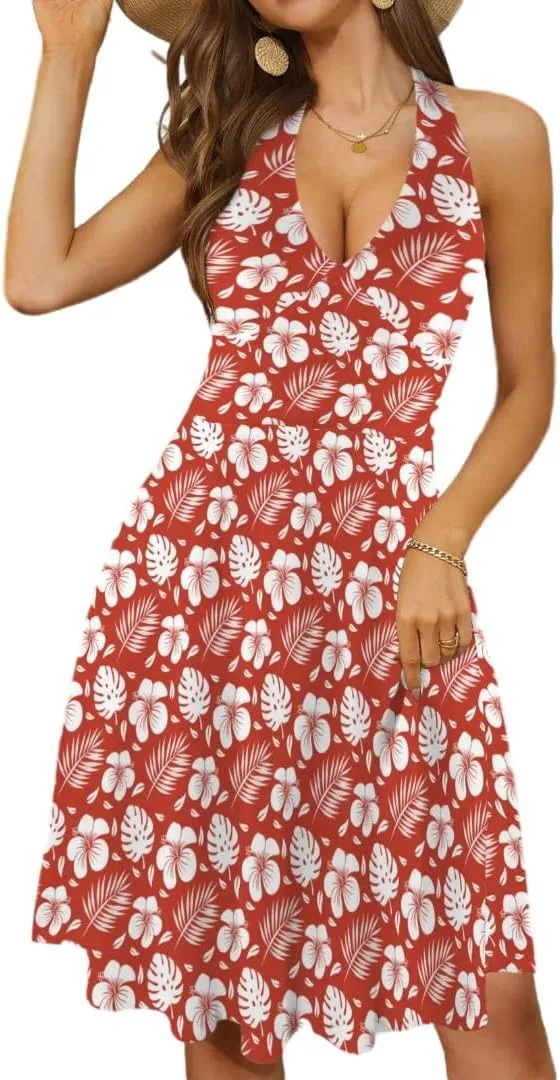 Women's Summer Sundress Deep V Neck Sleeveless Halter Neck 2025 Floral Elastic Waist Ruffle Mini Dresses with Pockets