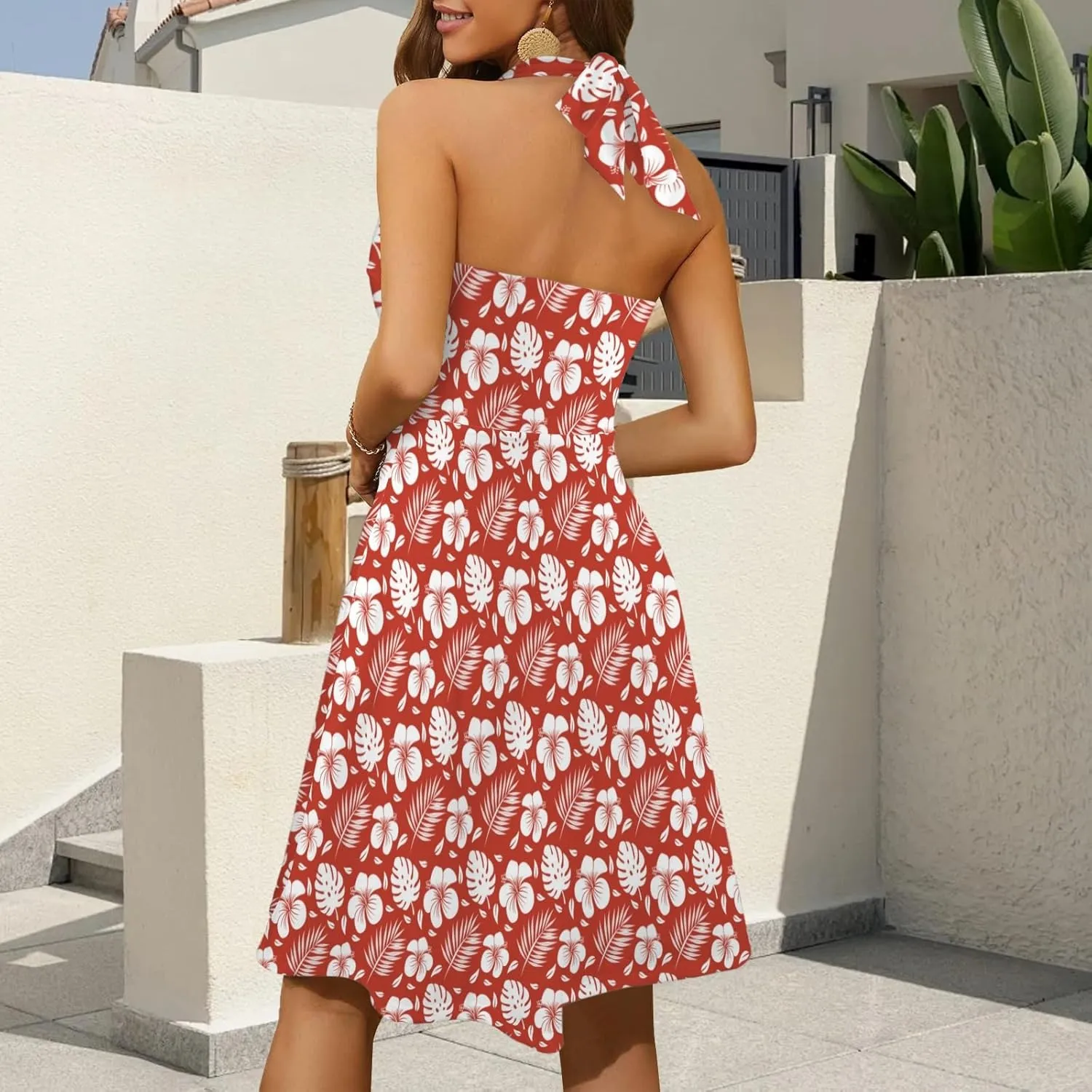 Women's Summer Sundress Deep V Neck Sleeveless Halter Neck 2025 Floral Elastic Waist Ruffle Mini Dresses with Pockets
