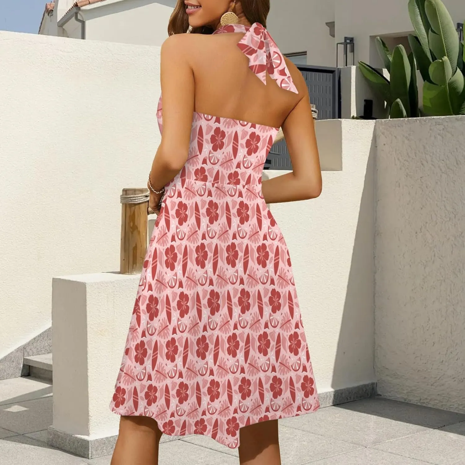 Women's Summer Sundress Deep V Neck Sleeveless Halter Neck 2025 Floral Elastic Waist Ruffle Mini Dresses with Pockets