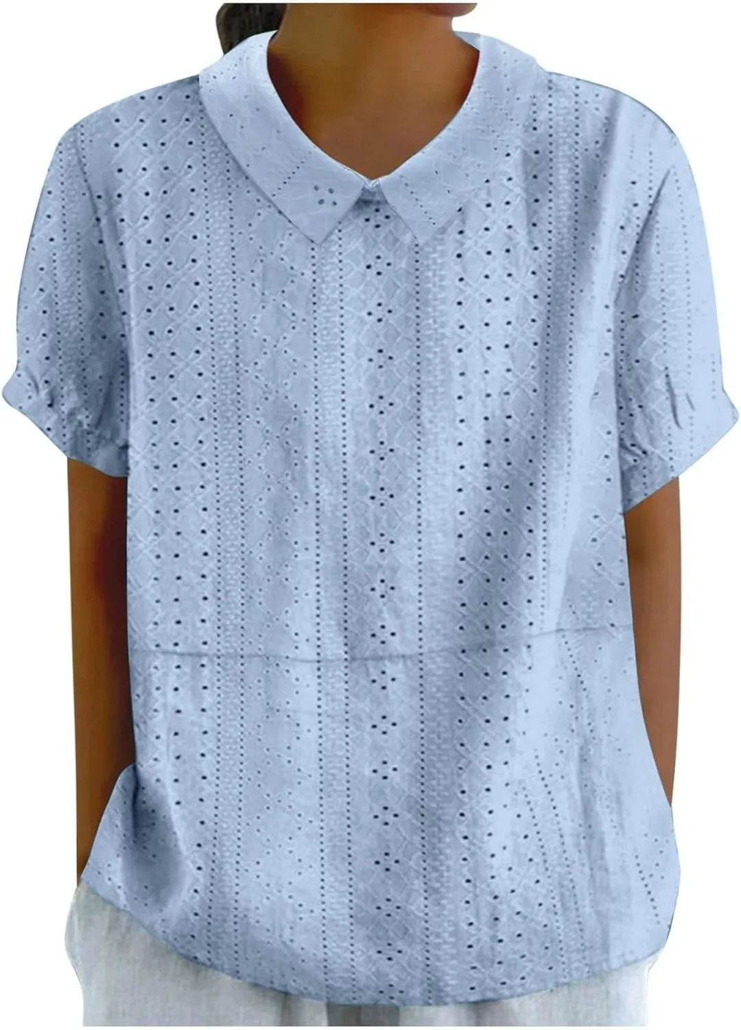 Womens Summer T Shirts Hollow Out Lace Embroidered Lapel Collar Short Sleeve Loose Casual Blouse Daily Work Dress Top