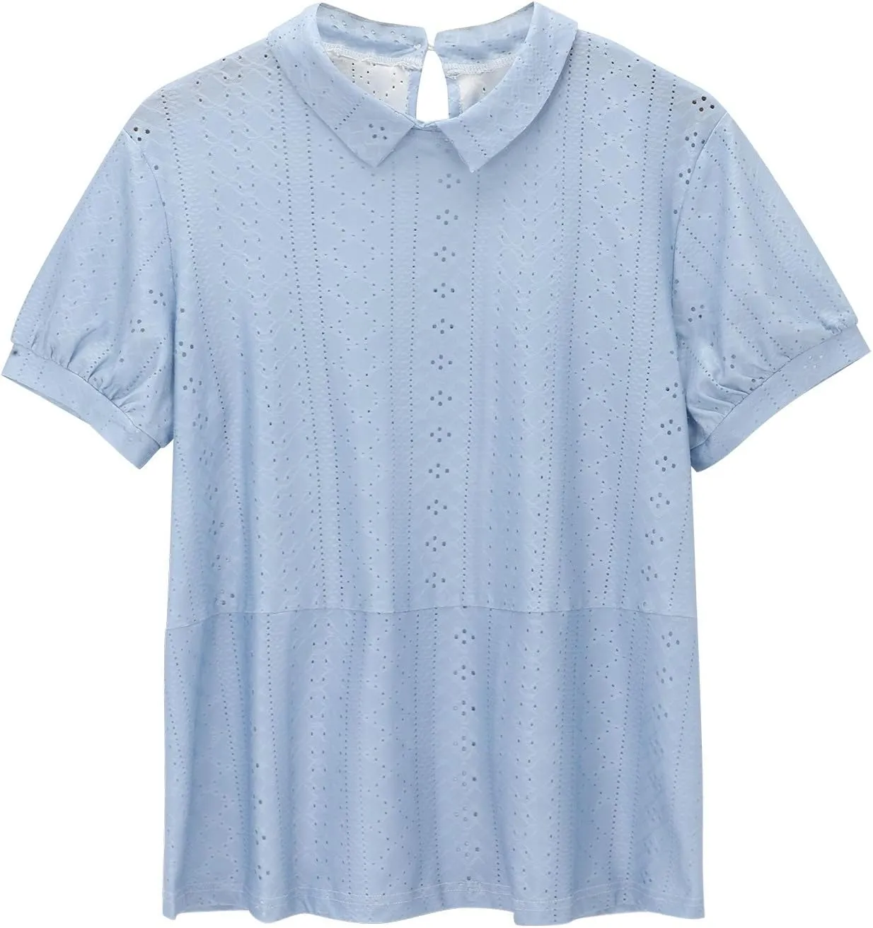 Womens Summer T Shirts Hollow Out Lace Embroidered Lapel Collar Short Sleeve Loose Casual Blouse Daily Work Dress Top