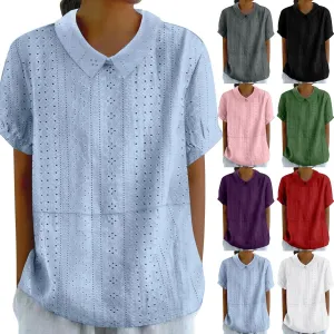 Womens Summer T Shirts Hollow Out Lace Embroidered Lapel Collar Short Sleeve Loose Casual Blouse Daily Work Dress Top