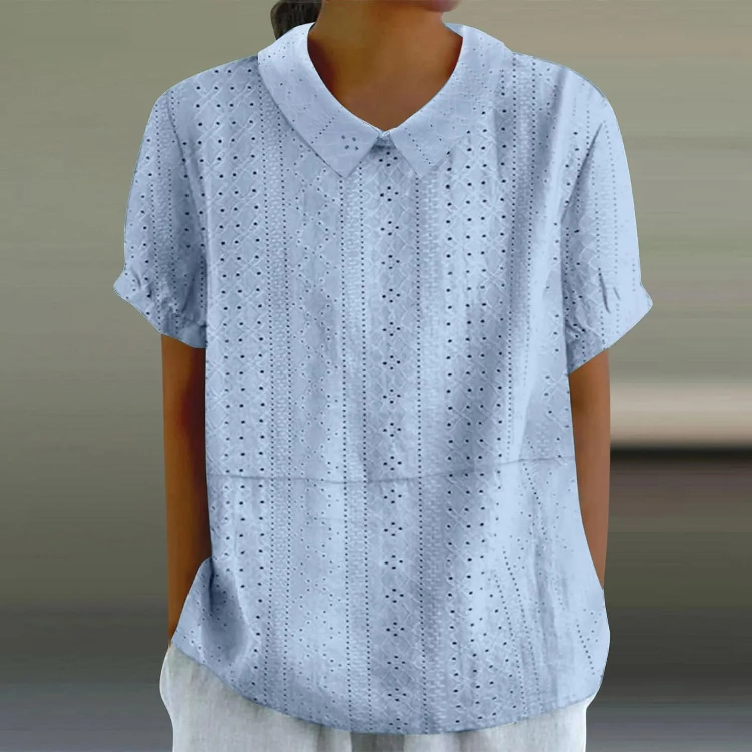 Womens Summer T Shirts Hollow Out Lace Embroidered Lapel Collar Short Sleeve Loose Casual Blouse Daily Work Dress Top