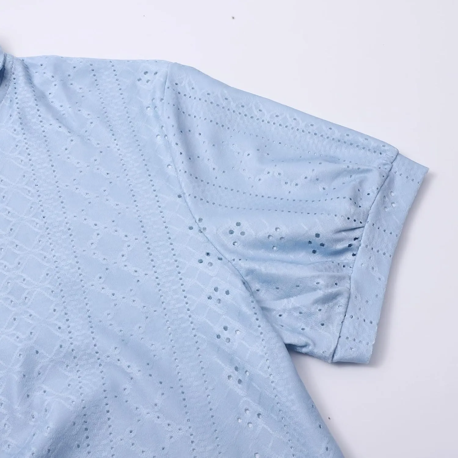 Womens Summer T Shirts Hollow Out Lace Embroidered Lapel Collar Short Sleeve Loose Casual Blouse Daily Work Dress Top
