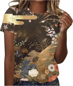 Womens Summer Tops for Women Short Sleeve Flowered Floral Shirts Casual Cute Vintage Graphic Tees Ladies 2025