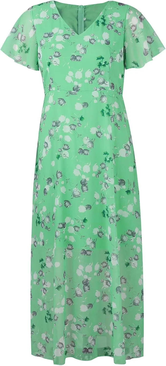 Womens Summer Wrap V Neck Casual Dresses Boho Floral V Neck Short Sleeve Ruffle A-Line Midi Sundress