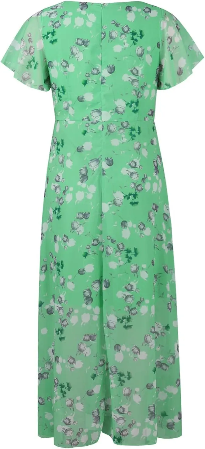 Womens Summer Wrap V Neck Casual Dresses Boho Floral V Neck Short Sleeve Ruffle A-Line Midi Sundress