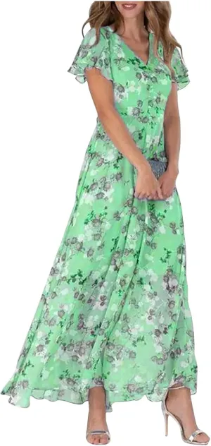 Womens Summer Wrap V Neck Casual Dresses Boho Floral V Neck Short Sleeve Ruffle A-Line Midi Sundress