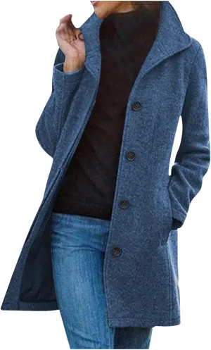 Women's Thicken Single Breasted Pea Coat Stand Collar Mid Long Wool Coats with Pockets Casual Trench Coat Overcoat