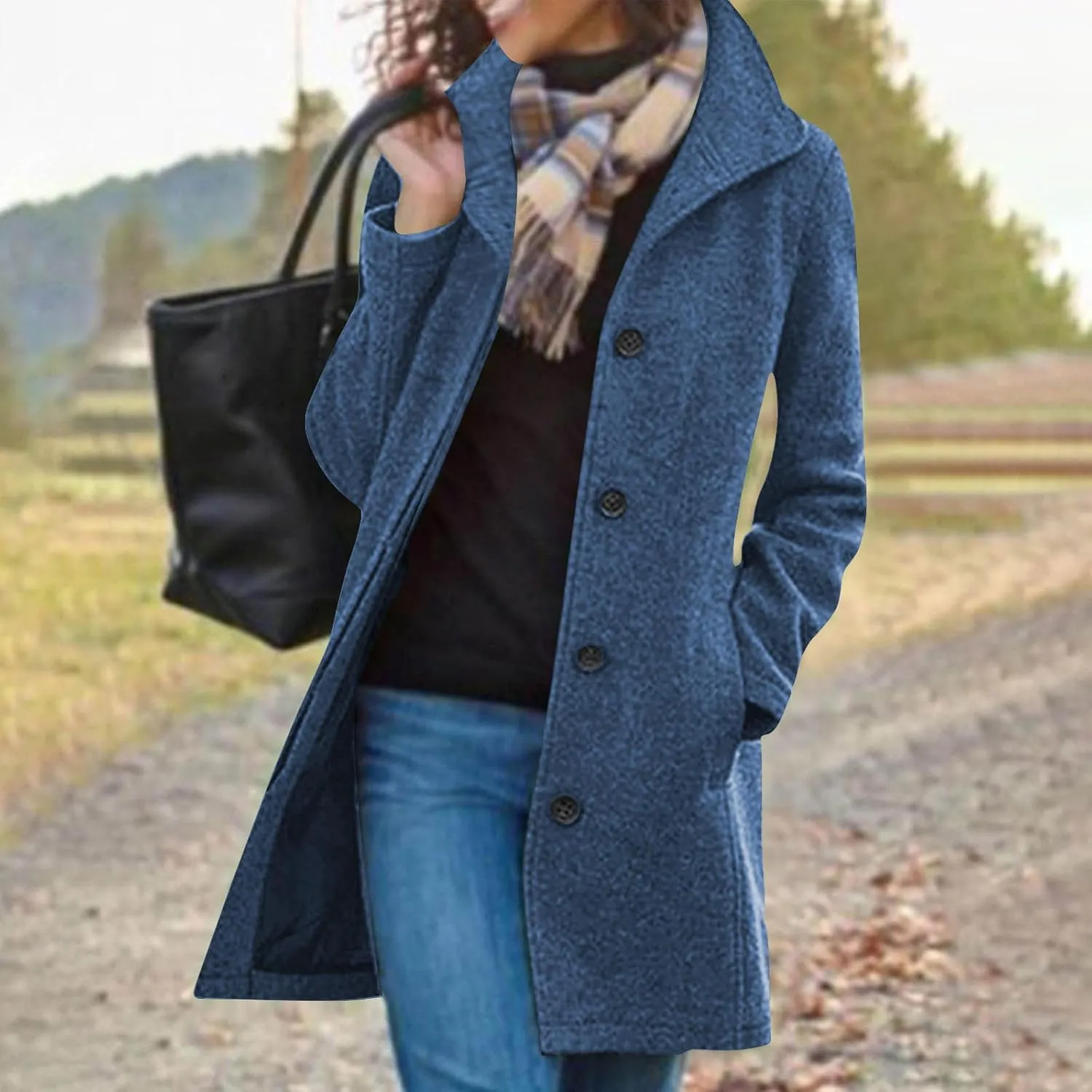 Women's Thicken Single Breasted Pea Coat Stand Collar Mid Long Wool Coats with Pockets Casual Trench Coat Overcoat