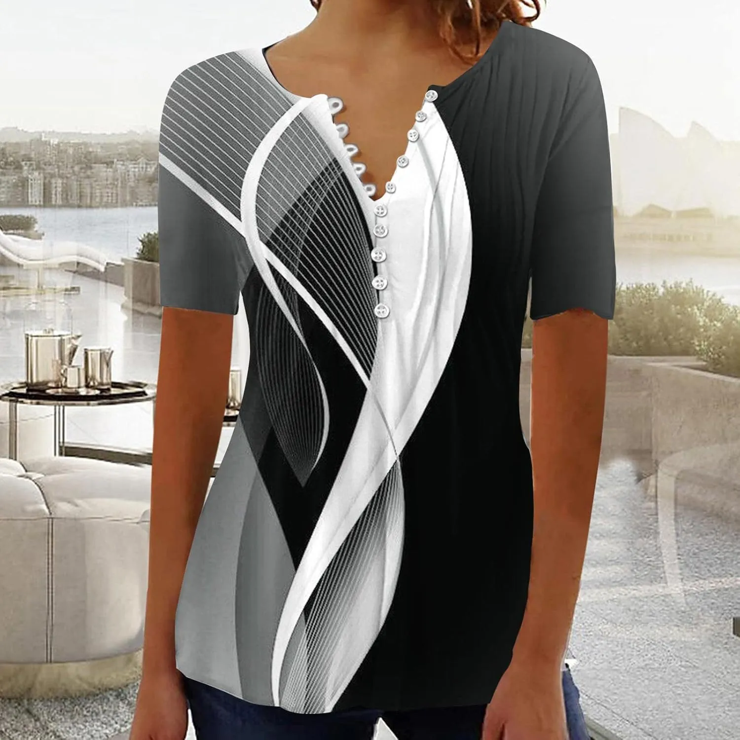 Womens Tops Dressy Casual 2023 Fashion Floral Print Tunic Plus Size Short Sleeve v Neck Henley Shirts
