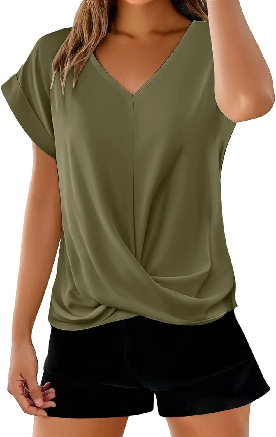 Womens V Neck Summer Tops 2025 Casual Twist Front Blouses Short Sleeve Tshirts Loose Fit Tunic Tops Basic Tee Shirts
