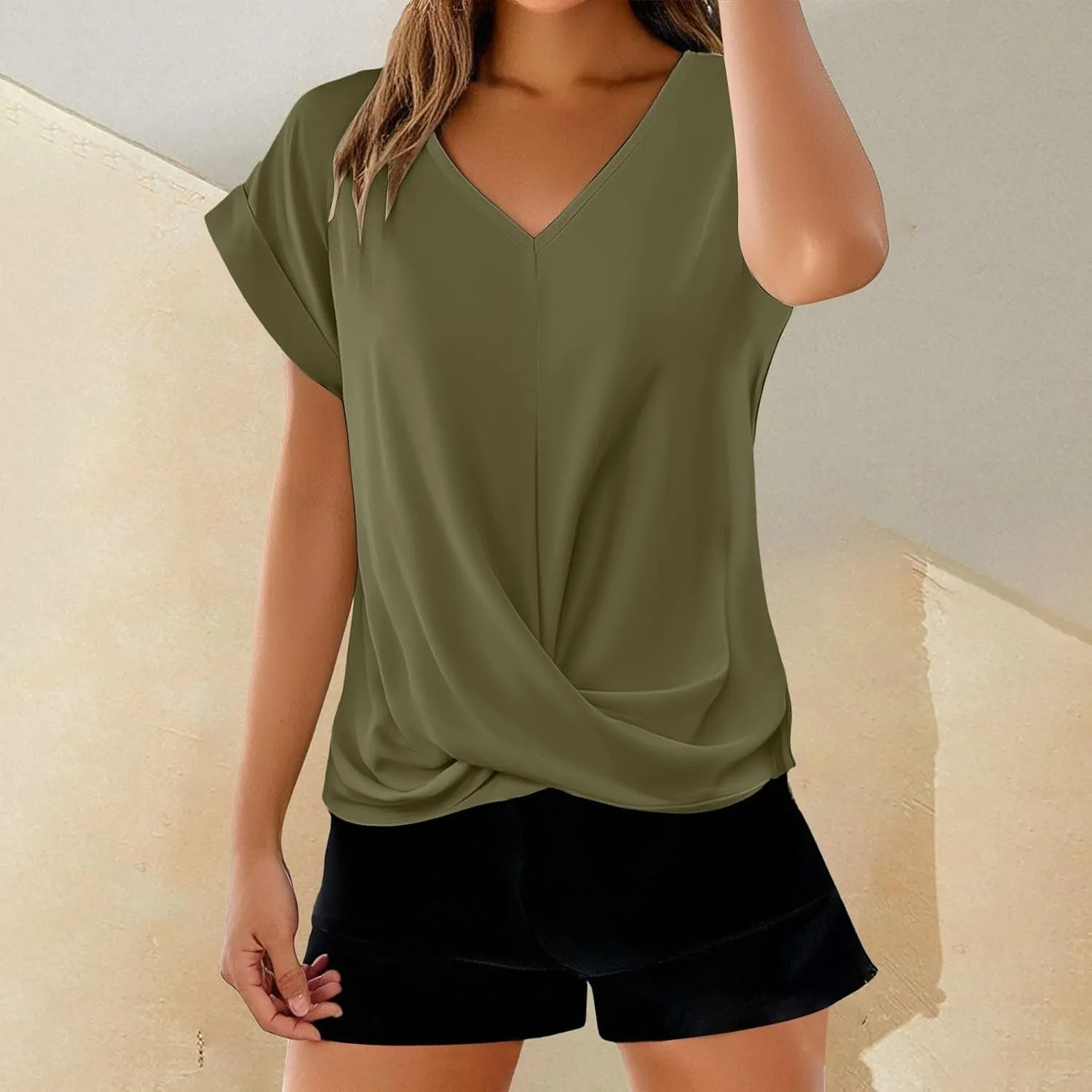 Womens V Neck Summer Tops 2025 Casual Twist Front Blouses Short Sleeve Tshirts Loose Fit Tunic Tops Basic Tee Shirts