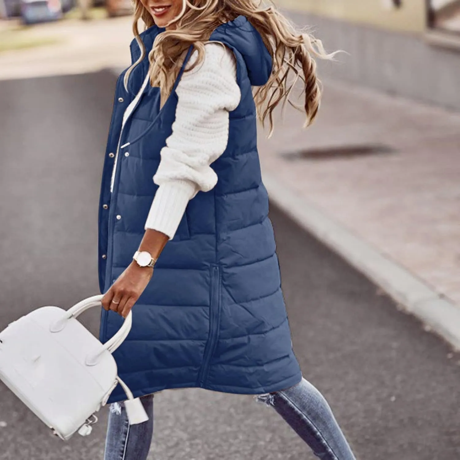 Womens Vests Outerwear Jacket Hooded Windproof Winter Coat with Recycled Insulation Down Jacket Coats with Pockets