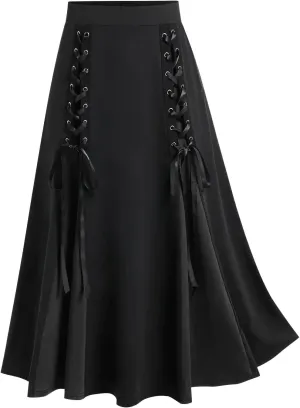Womens Vintage Gothic Skirt Lace Up Patchwork Skirts High Waist Steampunk Medieval Pleated Color Block A-Line Dress