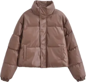 Women's Winter Cropped Puffer Jacket Oversized Stand Collar Zip-Up Short Imitation Leather Down Coat Quilted Jackets
