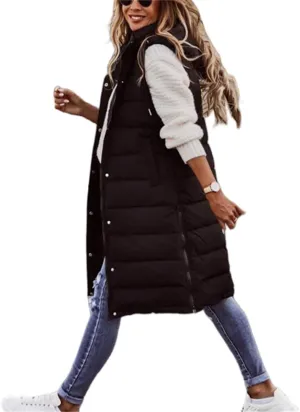 Women's Winter Warm Long Puffer Vest Padded Sleeveless Hooded Jackets Puffy Coats Outerwear Vests with Pockets