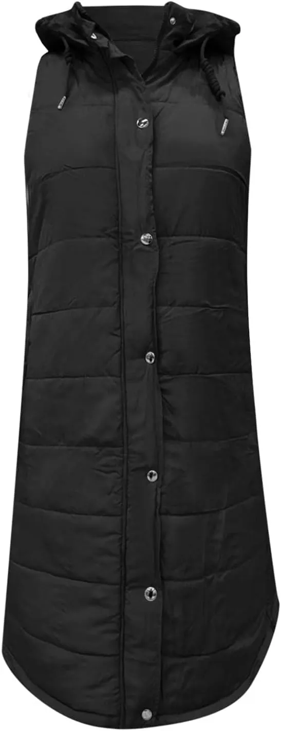 Women's Winter Warm Long Puffer Vest Padded Sleeveless Hooded Jackets Puffy Coats Outerwear Vests with Pockets
