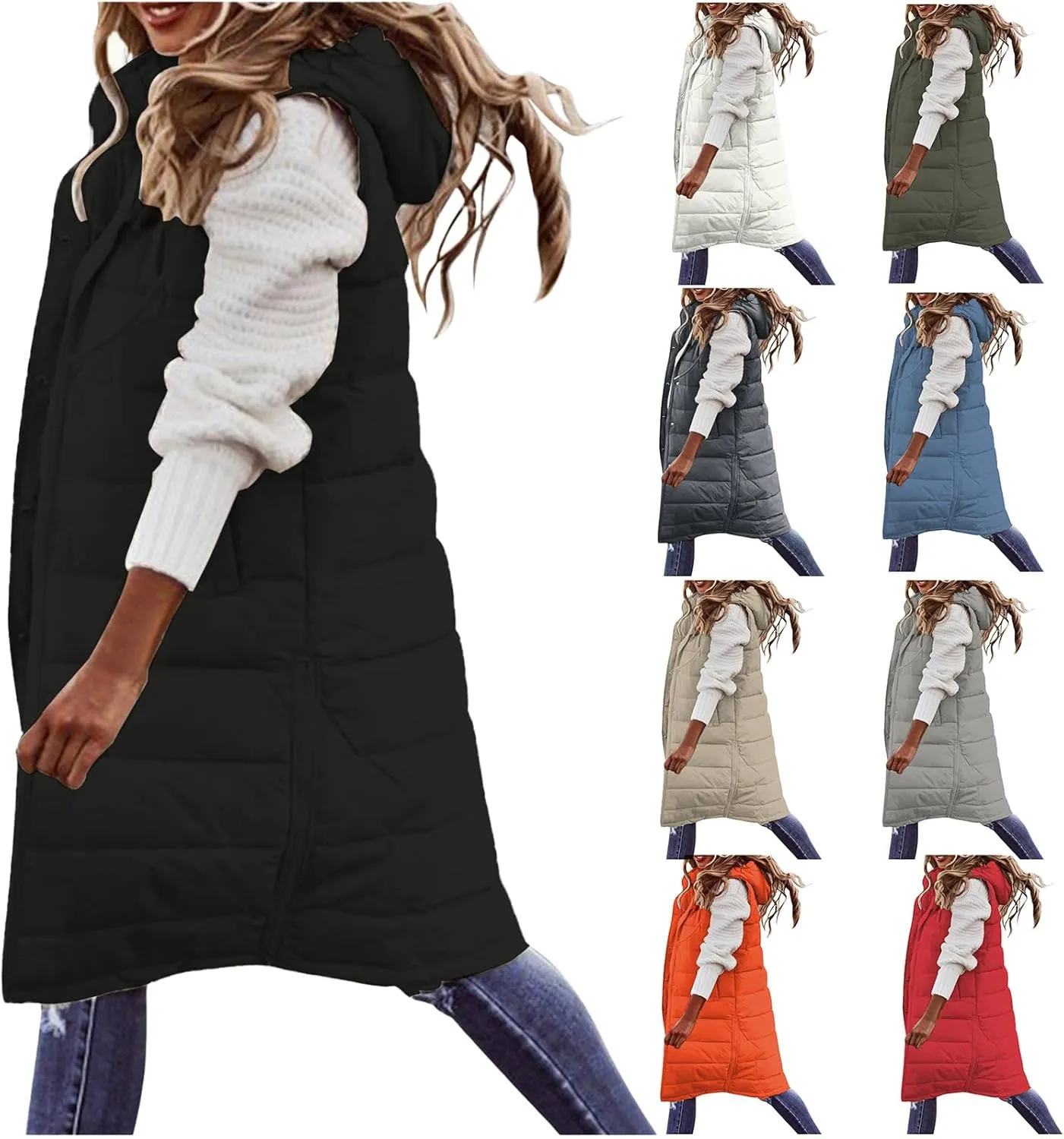 Women's Winter Warm Long Puffer Vest Padded Sleeveless Hooded Jackets Puffy Coats Outerwear Vests with Pockets
