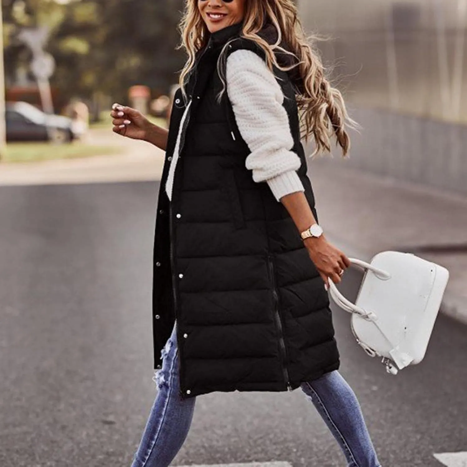 Women's Winter Warm Long Puffer Vest Padded Sleeveless Hooded Jackets Puffy Coats Outerwear Vests with Pockets