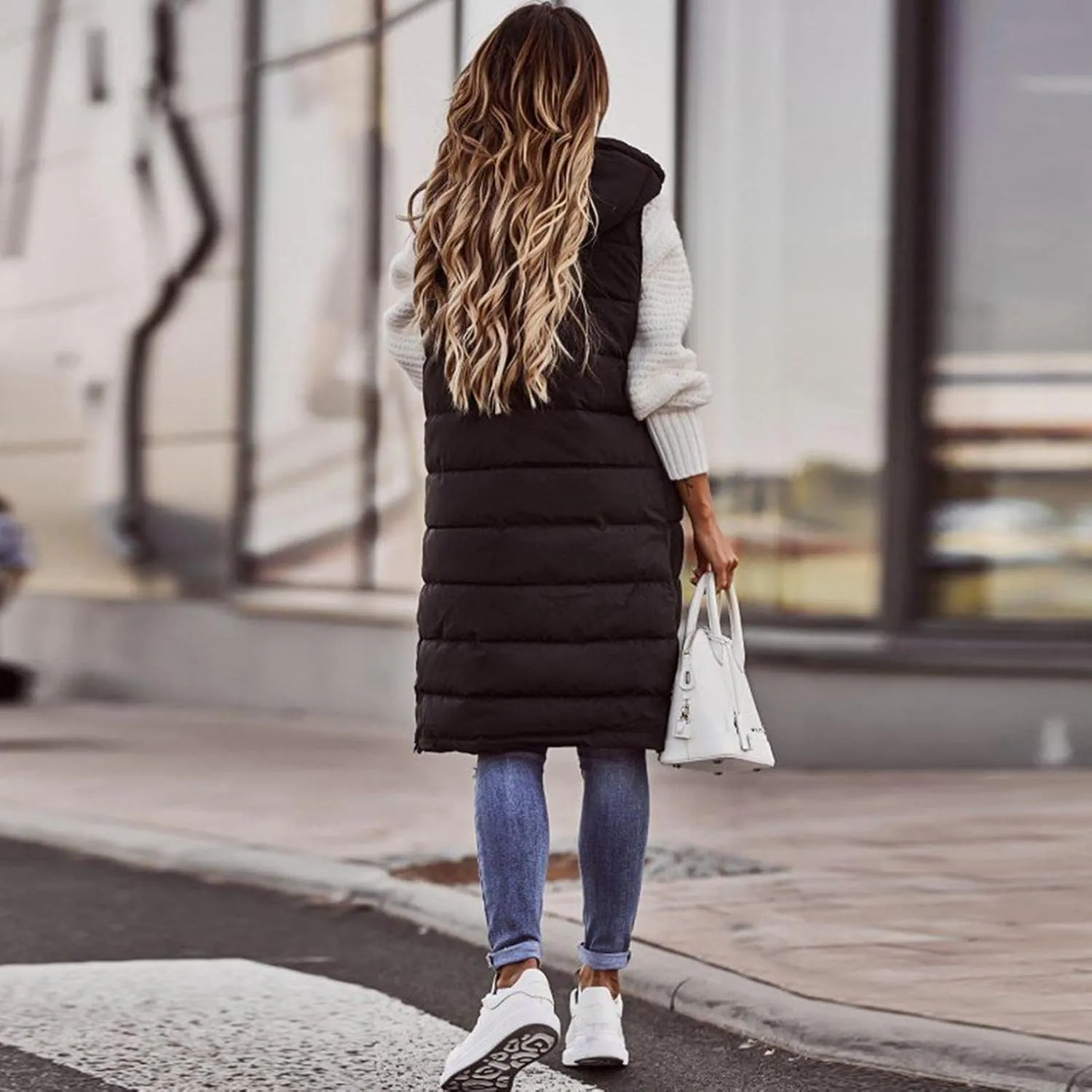 Women's Winter Warm Long Puffer Vest Padded Sleeveless Hooded Jackets Puffy Coats Outerwear Vests with Pockets