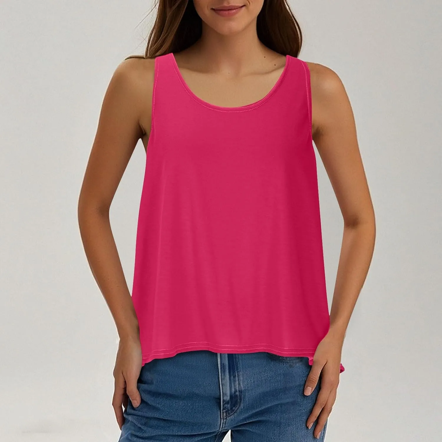Women's Workout Tank Tops Casual Sleeveless Round Neck Loose Tee Shirt Solid Color Flowy Hem Summer Going Out Vest