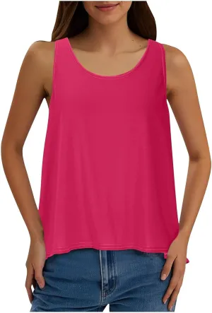 Women's Workout Tank Tops Casual Sleeveless Round Neck Loose Tee Shirt Solid Color Flowy Hem Summer Going Out Vest