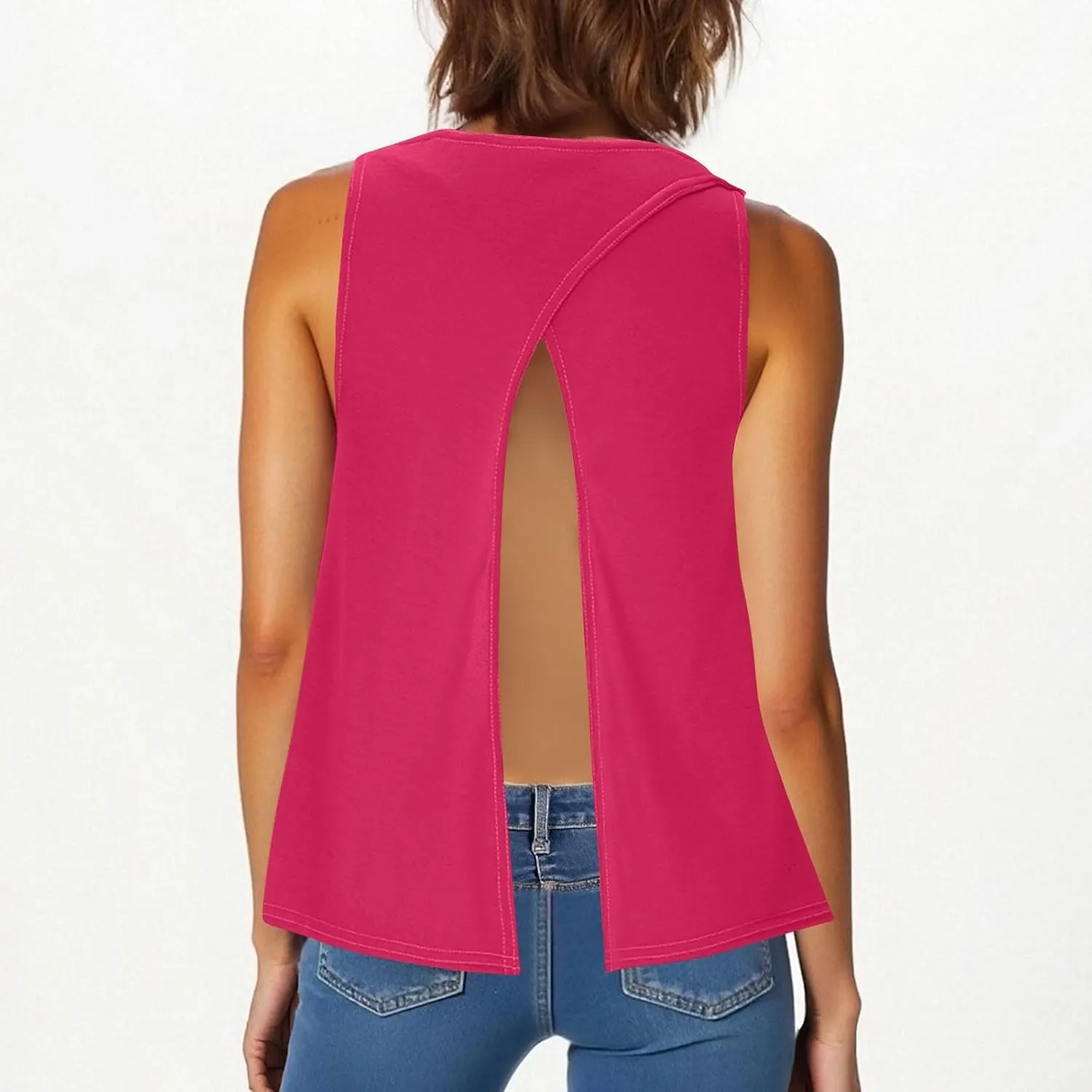 Women's Workout Tank Tops Casual Sleeveless Round Neck Loose Tee Shirt Solid Color Flowy Hem Summer Going Out Vest